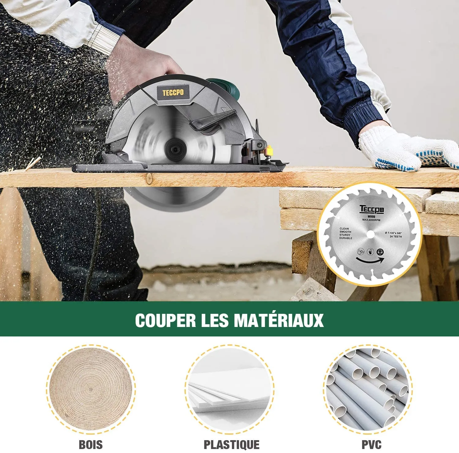 TECCPO 1200W Circular Saw, 5800 RPM, 24T Φ185mm Blade, Max Cutting Depth: 63mm(90°), 45mm (45 °), Pure Copper Motor - TACS22P