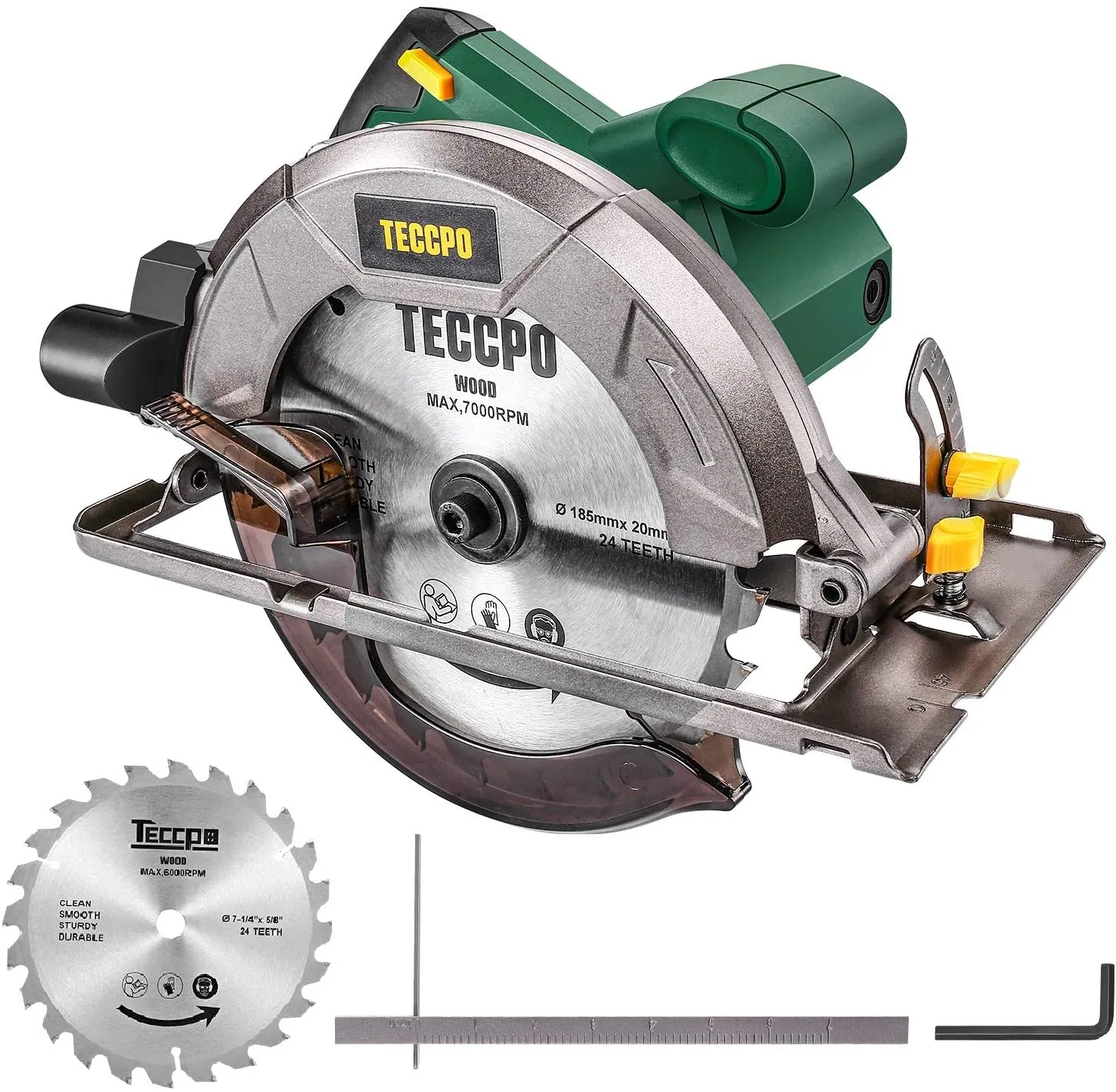 TECCPO 1200W Circular Saw, 5800 RPM, 24T Φ185mm Blade, Max Cutting Depth: 63mm(90°), 45mm (45 °), Pure Copper Motor - TACS22P