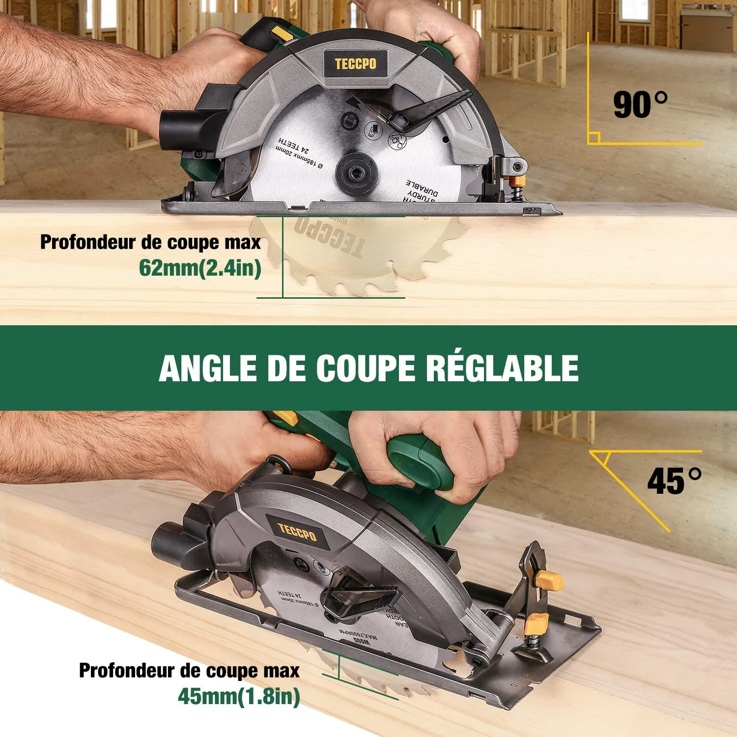 TECCPO 1200W Circular Saw, 5800 RPM, 24T Φ185mm Blade, Max Cutting Depth: 63mm(90°), 45mm (45 °), Pure Copper Motor - TACS22P