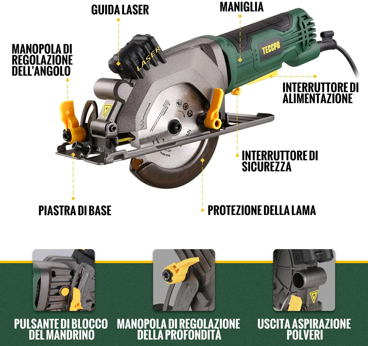 TECCPO Circular Saw, 580W Mini Circular Saw, Cutting Depth: 0-28mm-43mm, Adjustable Angle 45 ° to 90 °, 3700RPM, Pure Copper Motor, 115mm Blade, Best Choice for Cutting Wood-TAMS24P