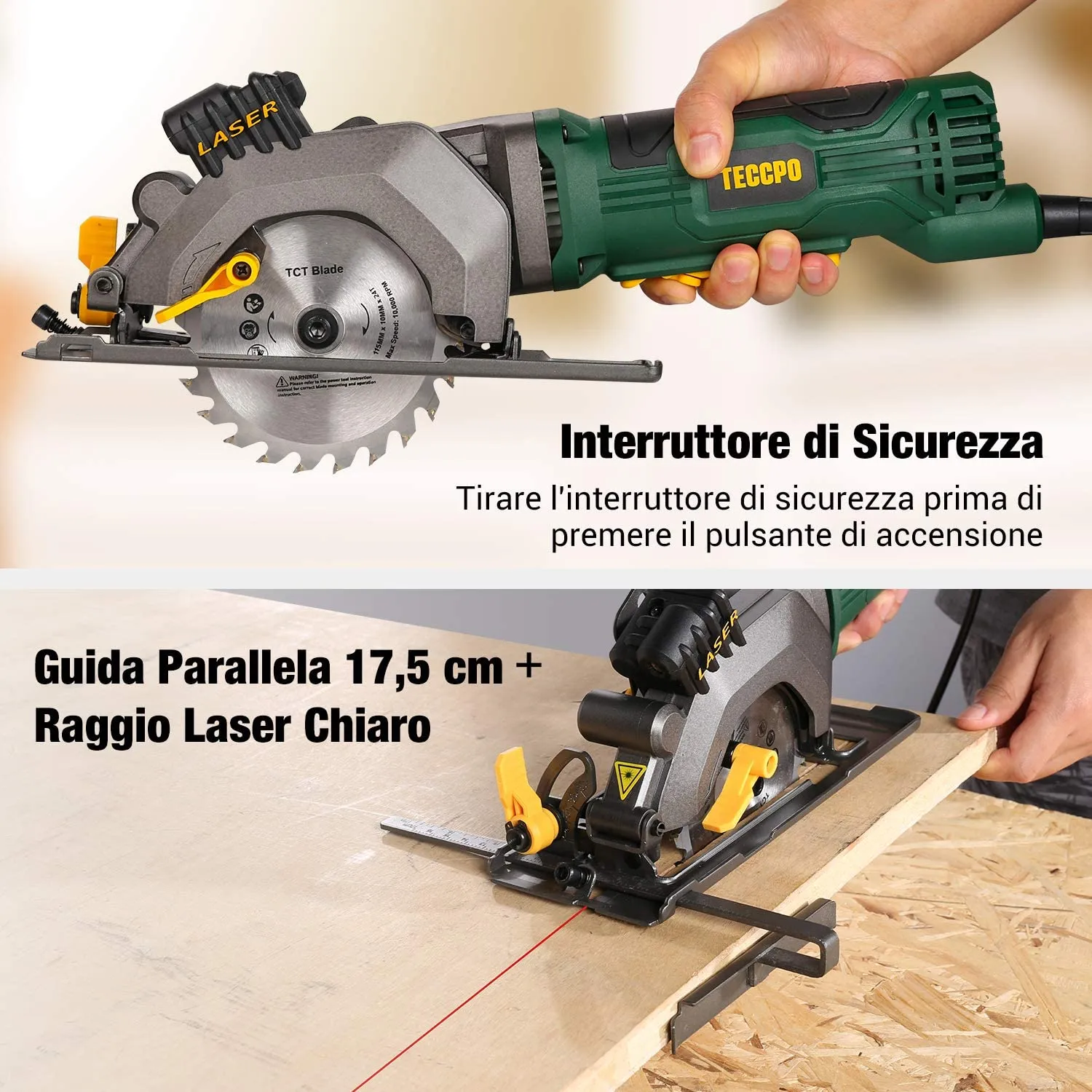 TECCPO Circular Saw, 580W Mini Circular Saw, Cutting Depth: 0-28mm-43mm, Adjustable Angle 45 ° to 90 °, 3700RPM, Pure Copper Motor, 115mm Blade, Best Choice for Cutting Wood-TAMS24P