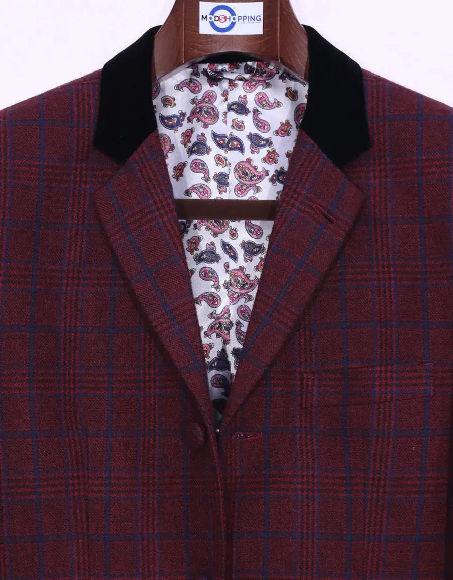 This Jacket Only | Burgundy Prince Of Wales Check Tweed Jacket Size 38R