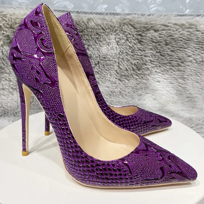 Tikicup Purple Embossed Crocodile Effect Women Pointy Toe Slip On High Heel Shoes for Party Sexy Ladies Dress Stiletto Pumps