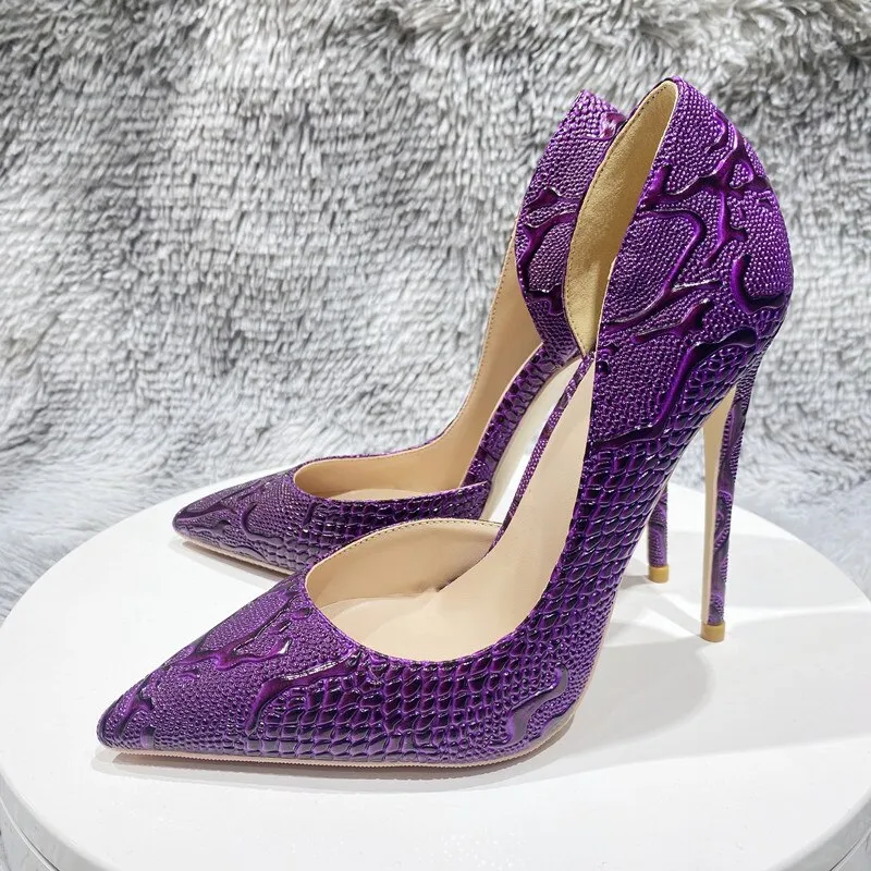 Tikicup Purple Embossed Crocodile Effect Women Pointy Toe Slip On High Heel Shoes for Party Sexy Ladies Dress Stiletto Pumps