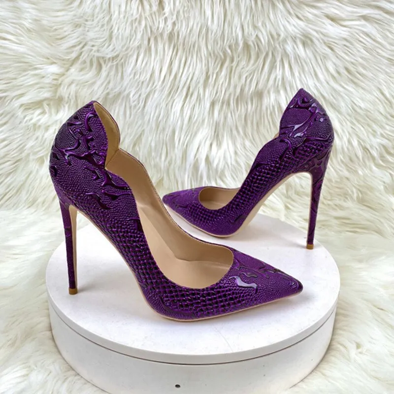 Tikicup Purple Embossed Crocodile Effect Women Pointy Toe Slip On High Heel Shoes for Party Sexy Ladies Dress Stiletto Pumps