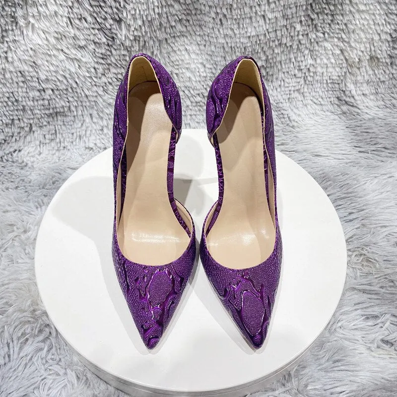 Tikicup Purple Embossed Crocodile Effect Women Pointy Toe Slip On High Heel Shoes for Party Sexy Ladies Dress Stiletto Pumps