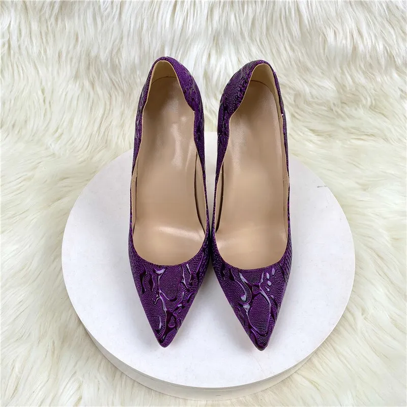 Tikicup Purple Embossed Crocodile Effect Women Pointy Toe Slip On High Heel Shoes for Party Sexy Ladies Dress Stiletto Pumps