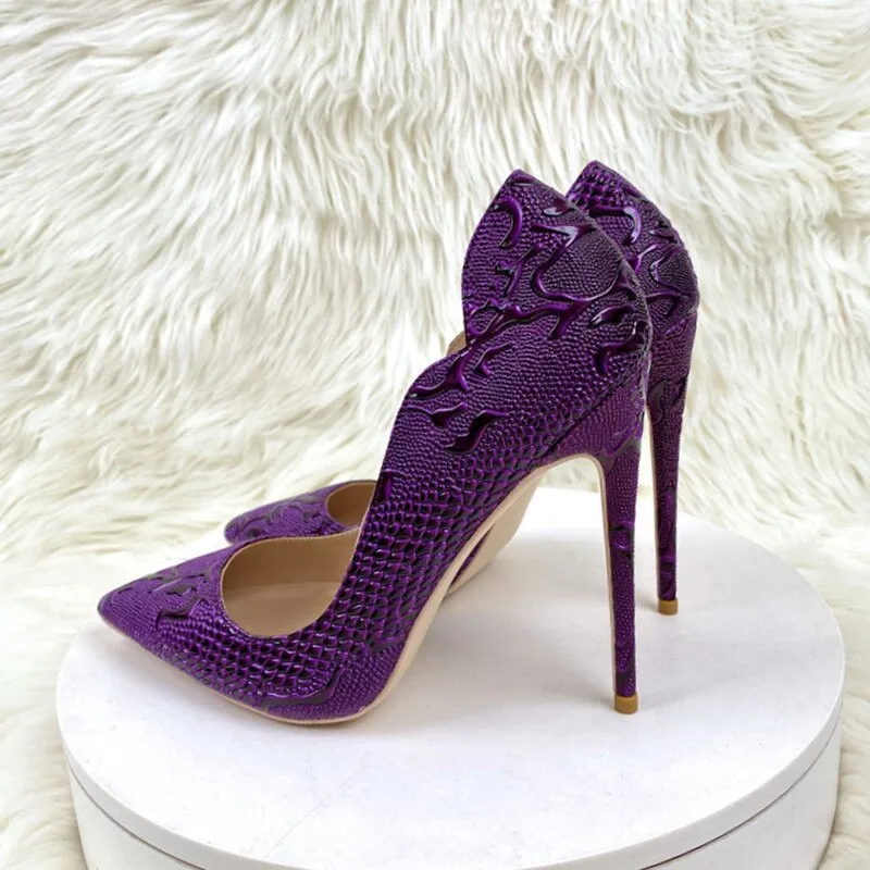 Tikicup Purple Embossed Crocodile Effect Women Pointy Toe Slip On High Heel Shoes for Party Sexy Ladies Dress Stiletto Pumps