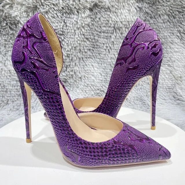 Tikicup Purple Embossed Crocodile Effect Women Pointy Toe Slip On High Heel Shoes for Party Sexy Ladies Dress Stiletto Pumps