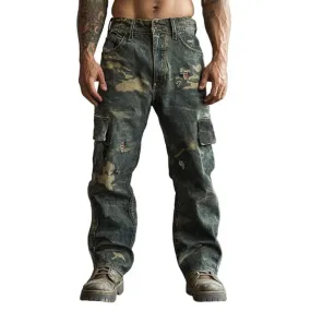 Vintage Camouflage Print Ripped Cargo Jeans