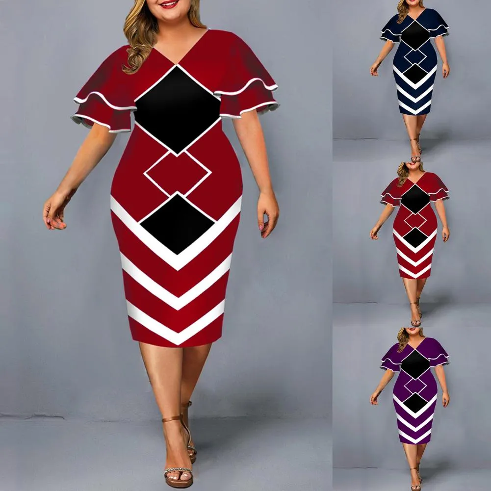 Women Bodycon A line Dress Geometric Print Layered Flare Sleeve