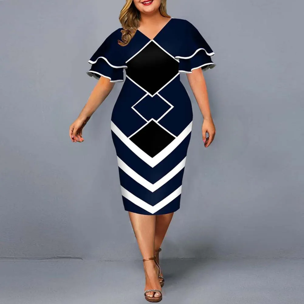 Women Bodycon A line Dress Geometric Print Layered Flare Sleeve