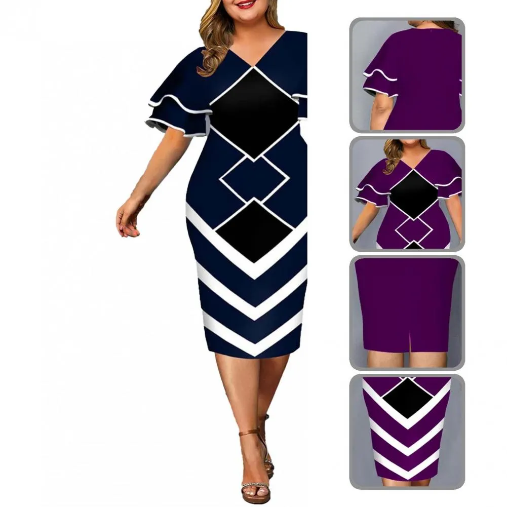 Women Bodycon A line Dress Geometric Print Layered Flare Sleeve