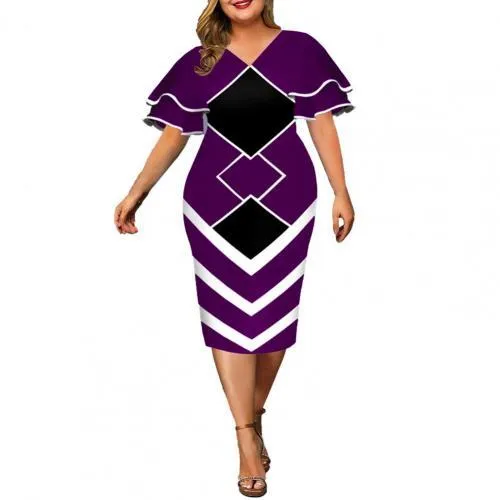 Women Bodycon A line Dress Geometric Print Layered Flare Sleeve