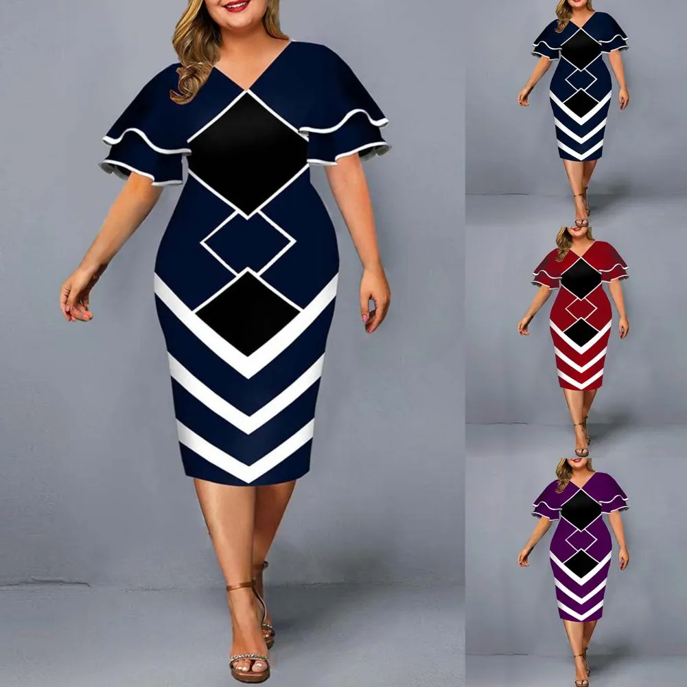 Women Bodycon A line Dress Geometric Print Layered Flare Sleeve