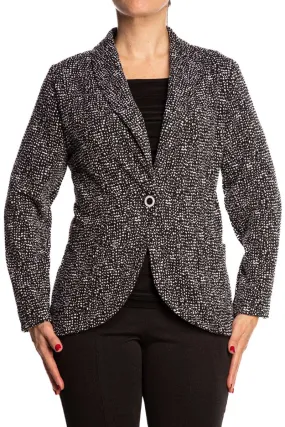 Women's Blazer Jacket On Sale Black and White Elegant Print Made in Quality Stretch Fabric Super Comfortable easy care Jacket Quality Made in Canada Yvonne Marie Boutiques