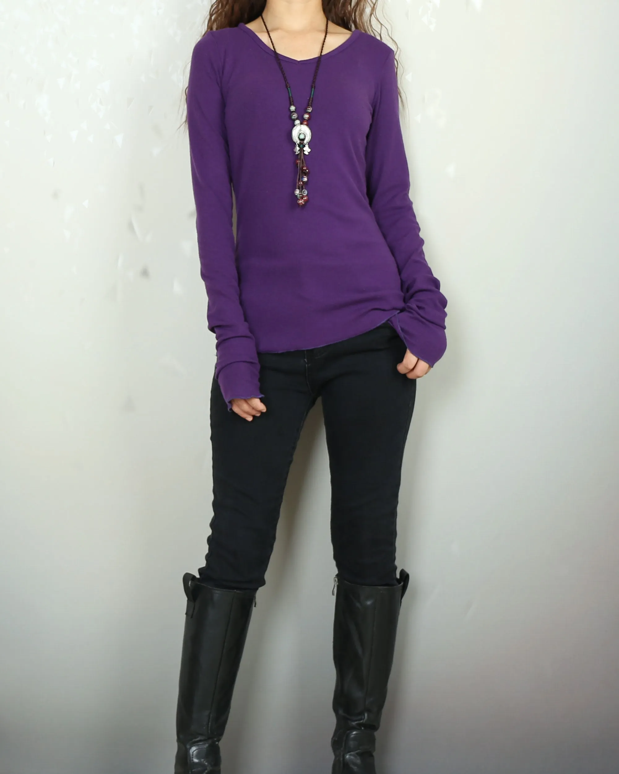 Women's Long Long Sleeves top, purple t-shirt, V-neck top, bottoming Cotton t-Shirt, form fitting top(Y2080)