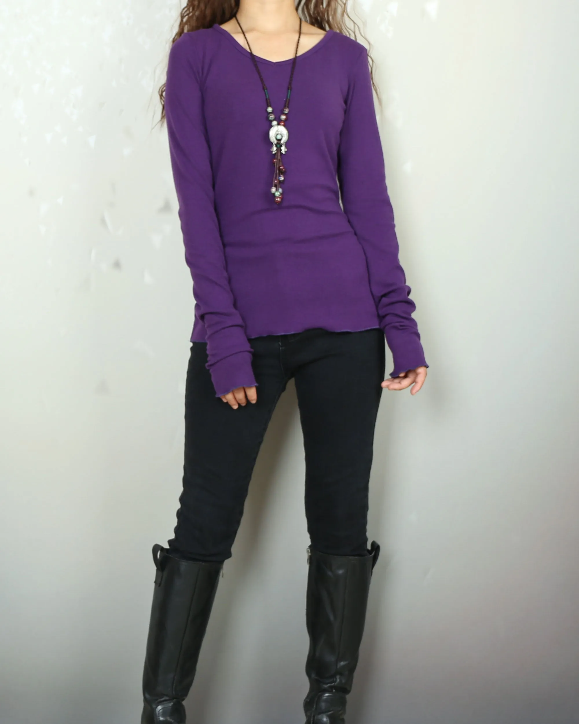 Women's Long Long Sleeves top, purple t-shirt, V-neck top, bottoming Cotton t-Shirt, form fitting top(Y2080)