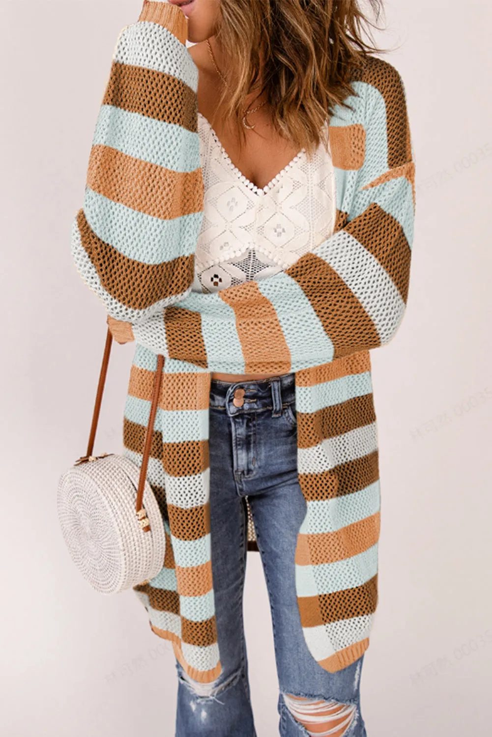 Women's Striped Color Block Hollowed Knit Cardigan