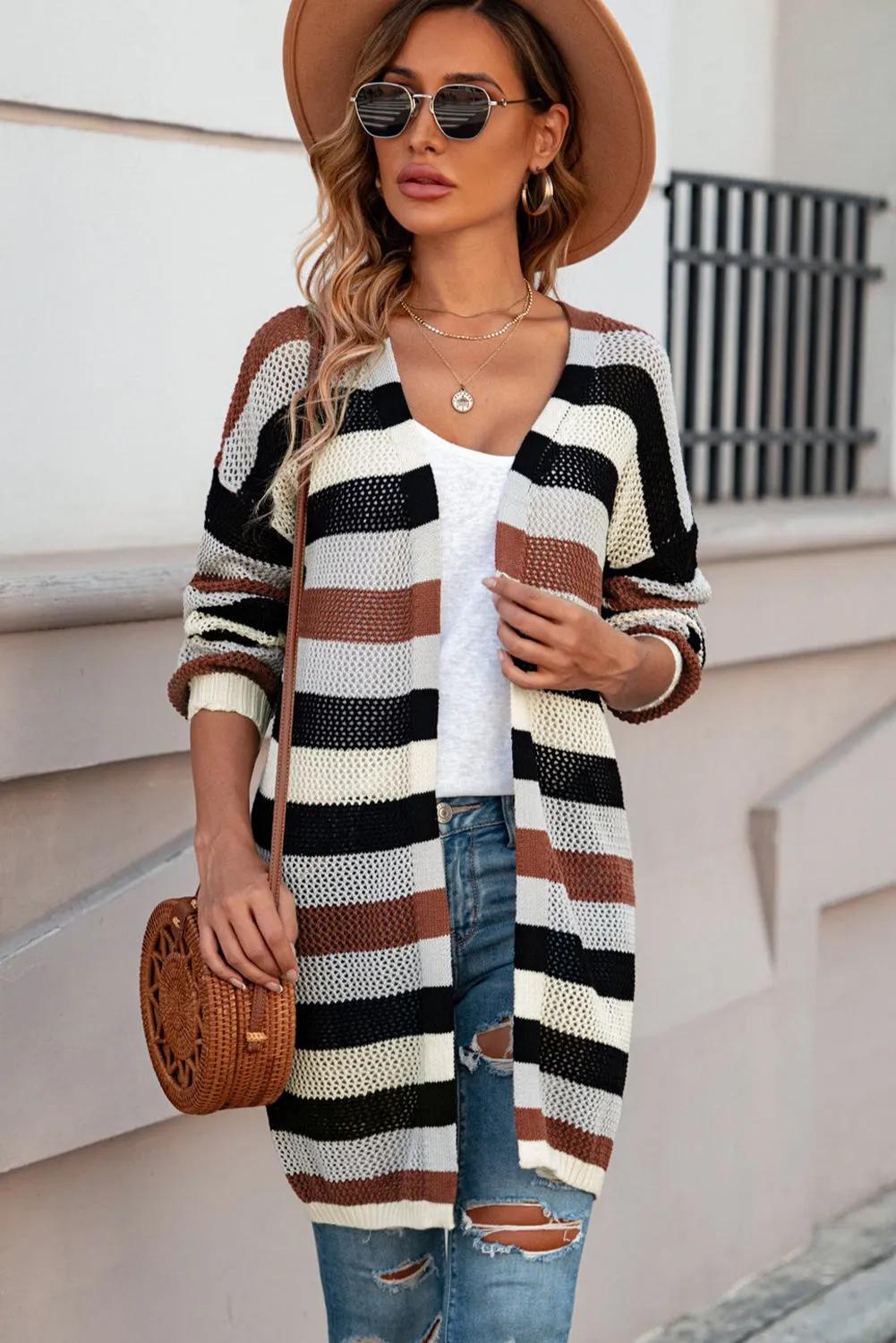 Women's Striped Color Block Hollowed Knit Cardigan