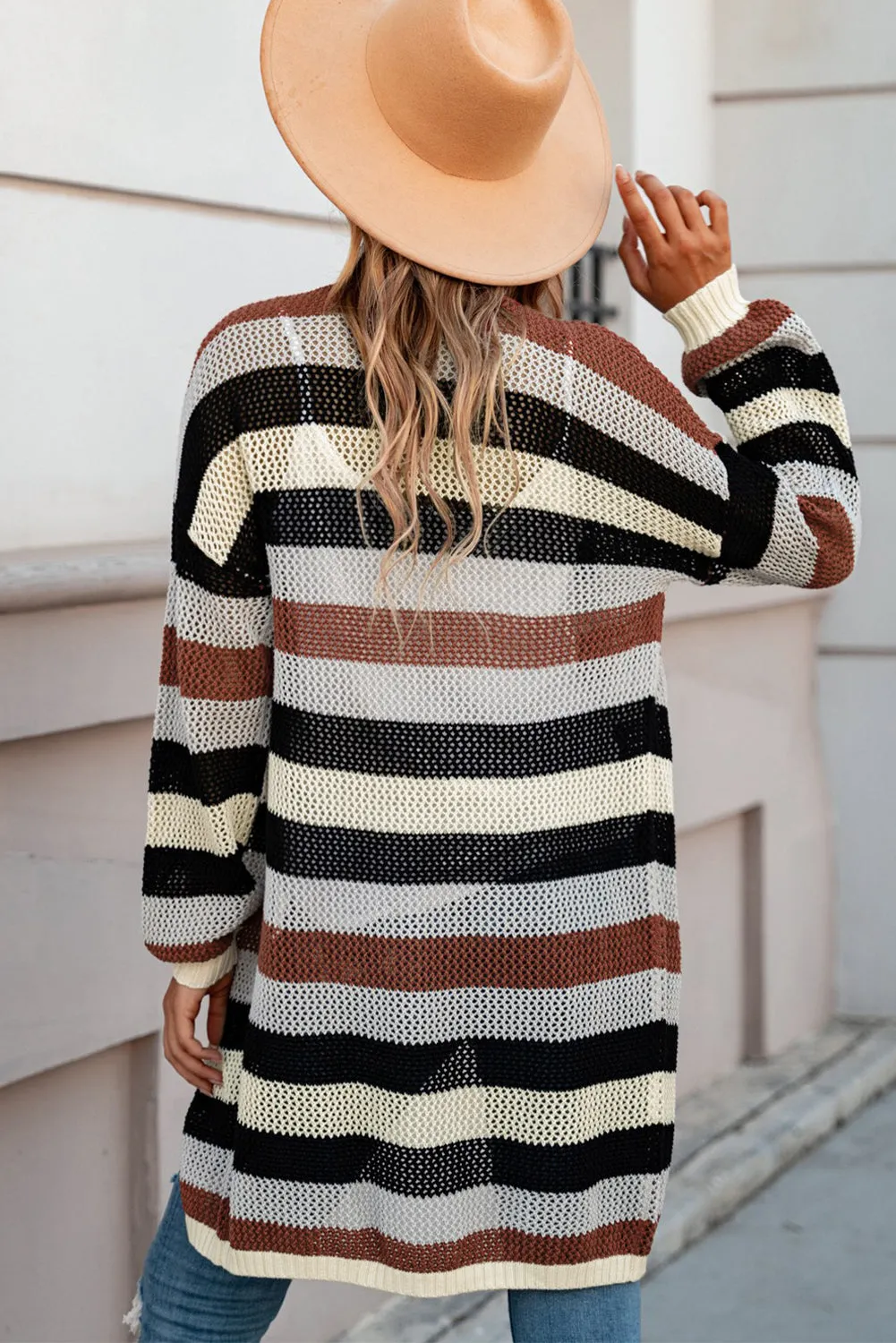 Women's Striped Color Block Hollowed Knit Cardigan