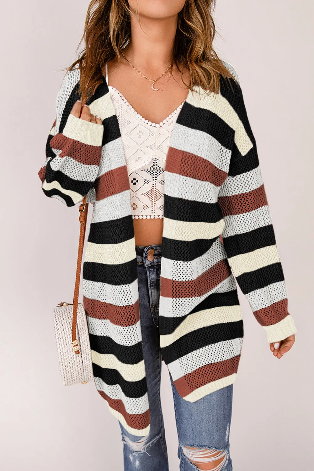 Women's Striped Color Block Hollowed Knit Cardigan