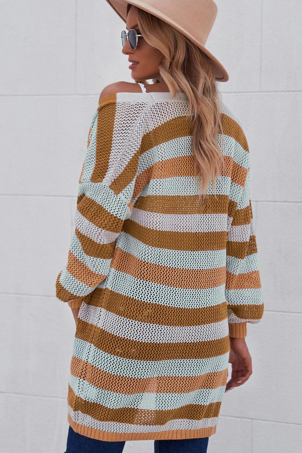 Women's Striped Color Block Hollowed Knit Cardigan