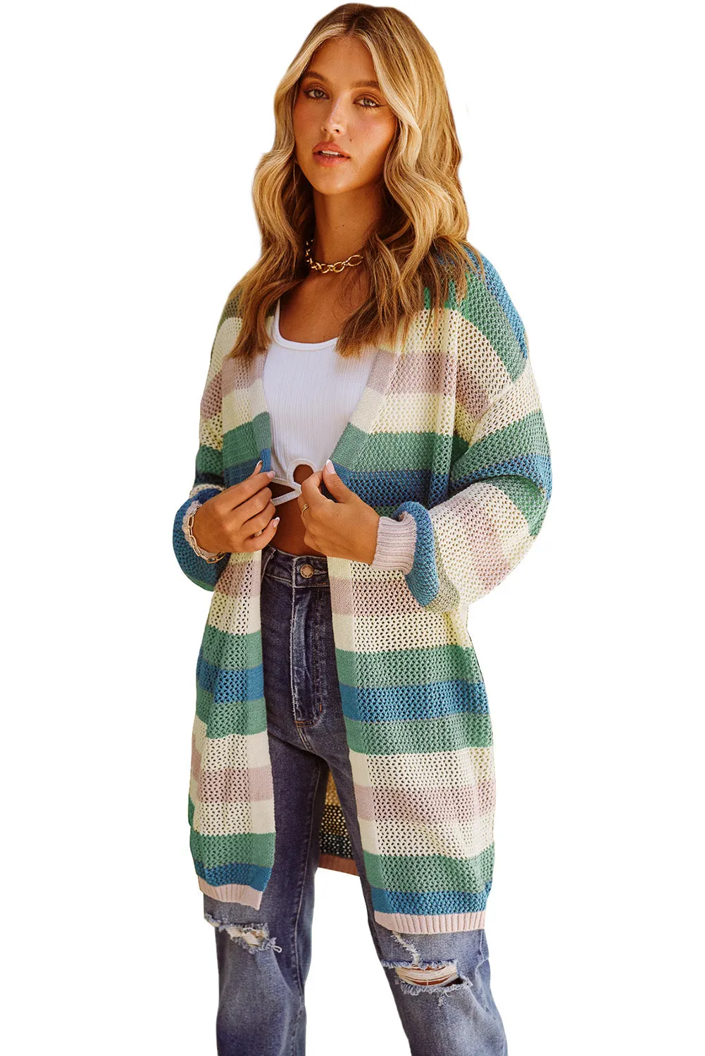 Women's Striped Color Block Hollowed Knit Cardigan