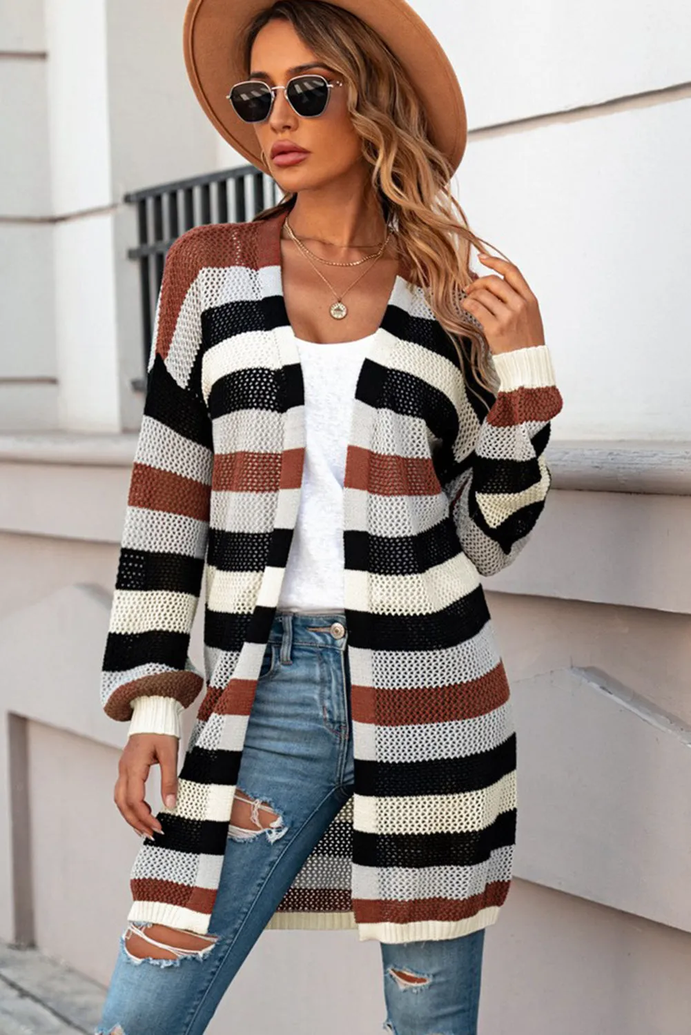 Women's Striped Color Block Hollowed Knit Cardigan