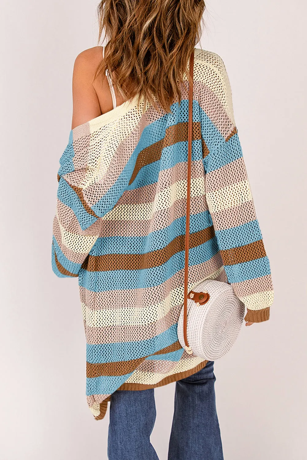 Women's Striped Color Block Hollowed Knit Cardigan