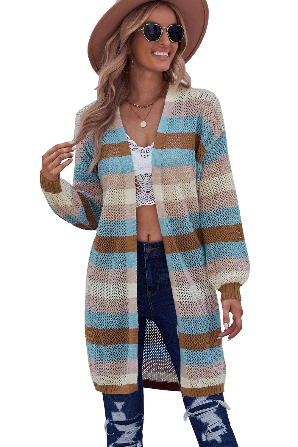 Women's Striped Color Block Hollowed Knit Cardigan