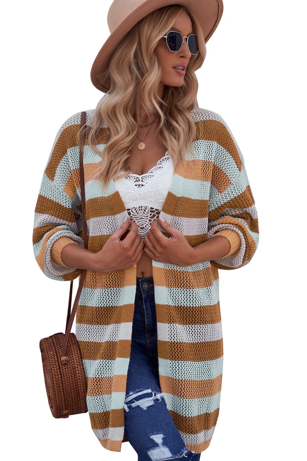 Women's Striped Color Block Hollowed Knit Cardigan