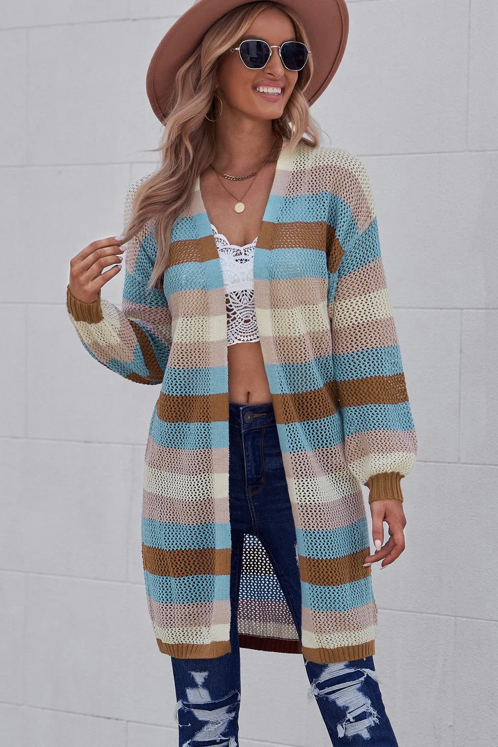 Women's Striped Color Block Hollowed Knit Cardigan