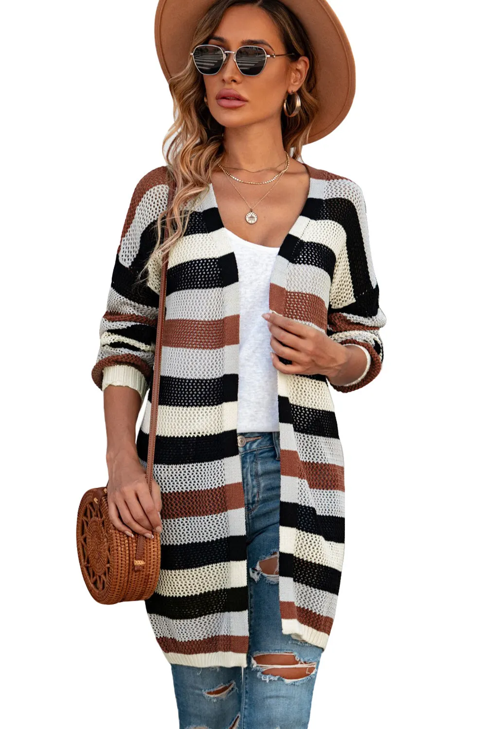 Women's Striped Color Block Hollowed Knit Cardigan