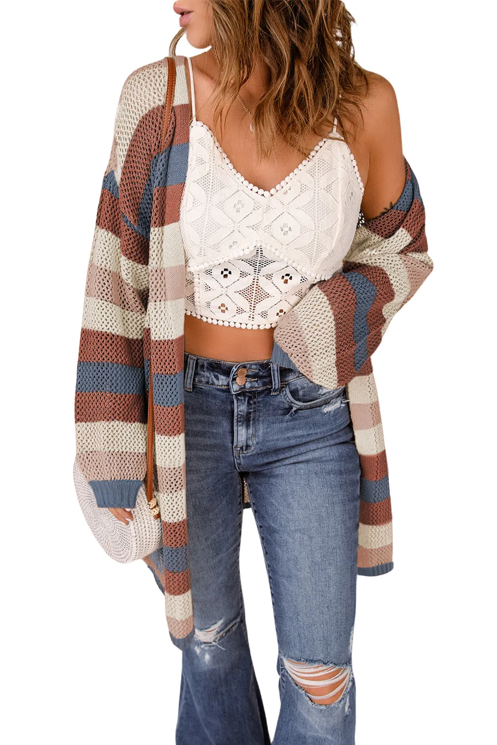 Women's Striped Color Block Hollowed Knit Cardigan