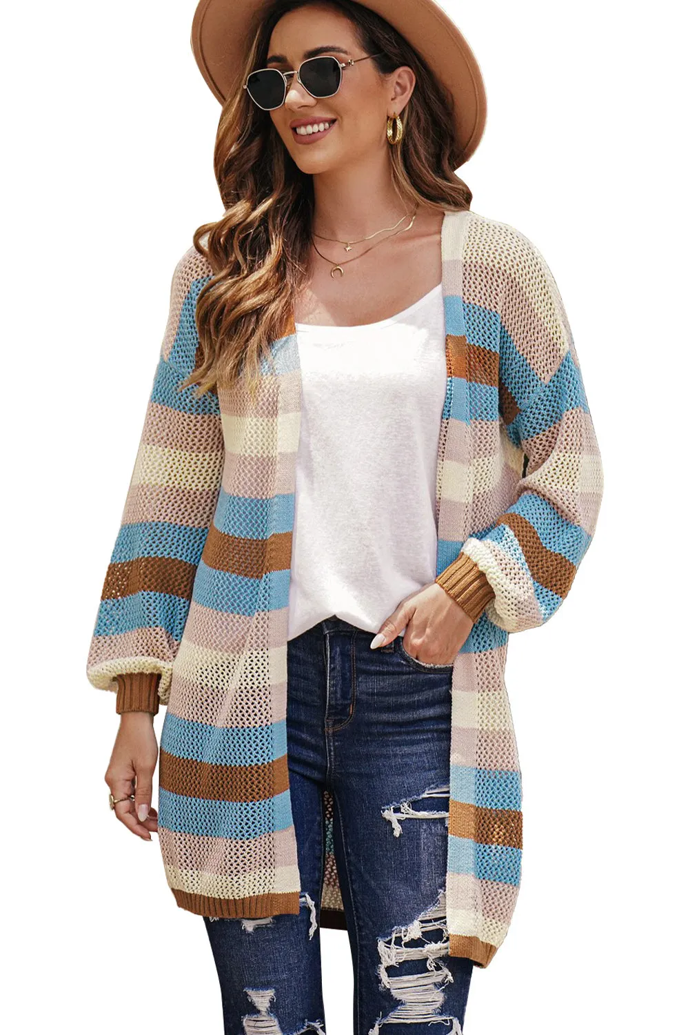 Women's Striped Color Block Hollowed Knit Cardigan