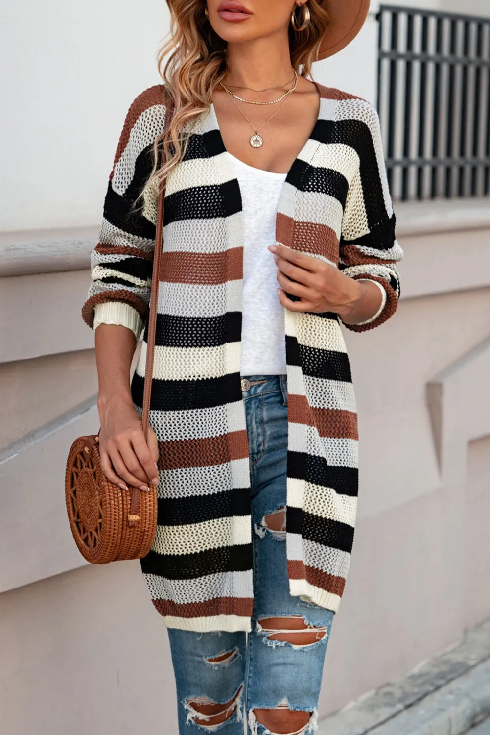 Women's Striped Color Block Hollowed Knit Cardigan