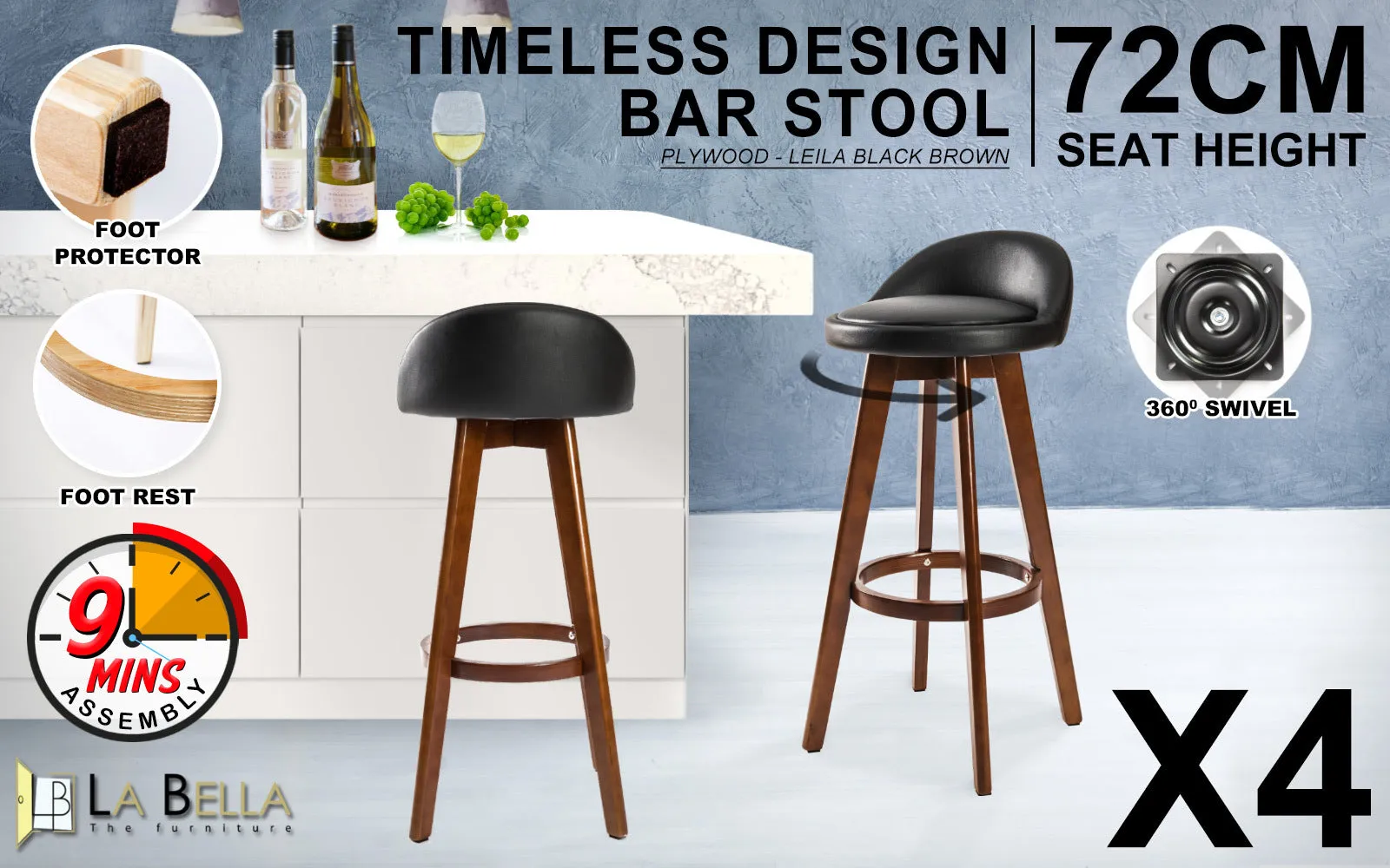 Wooden Bar Stool x 4- 72cm BLACK BROWN