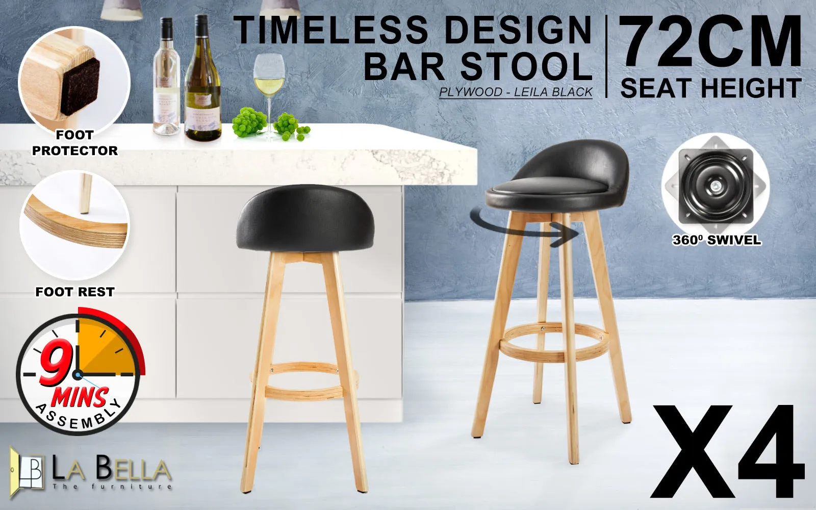 Wooden Bar Stool x 4 Faux Leather 72cm - BLACK