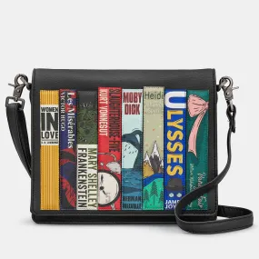 Yoshi Black Vegan Leather Classic Bookworm Triple Gusset Flap Over Bag